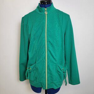 Susan Graver Weekend Womens Green Long Sleeve Gold Full Zip Pockets Jacket S
